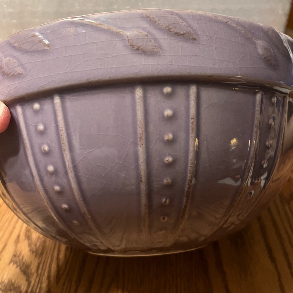 10" Lavender Stoneware Bowl- Embossed Botanical Deisgn- Large Mixing Bowl